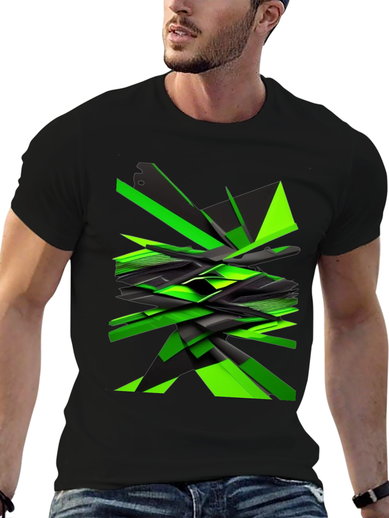 Abstract Geometric Green Graphic Print Mens Black T-Shirt