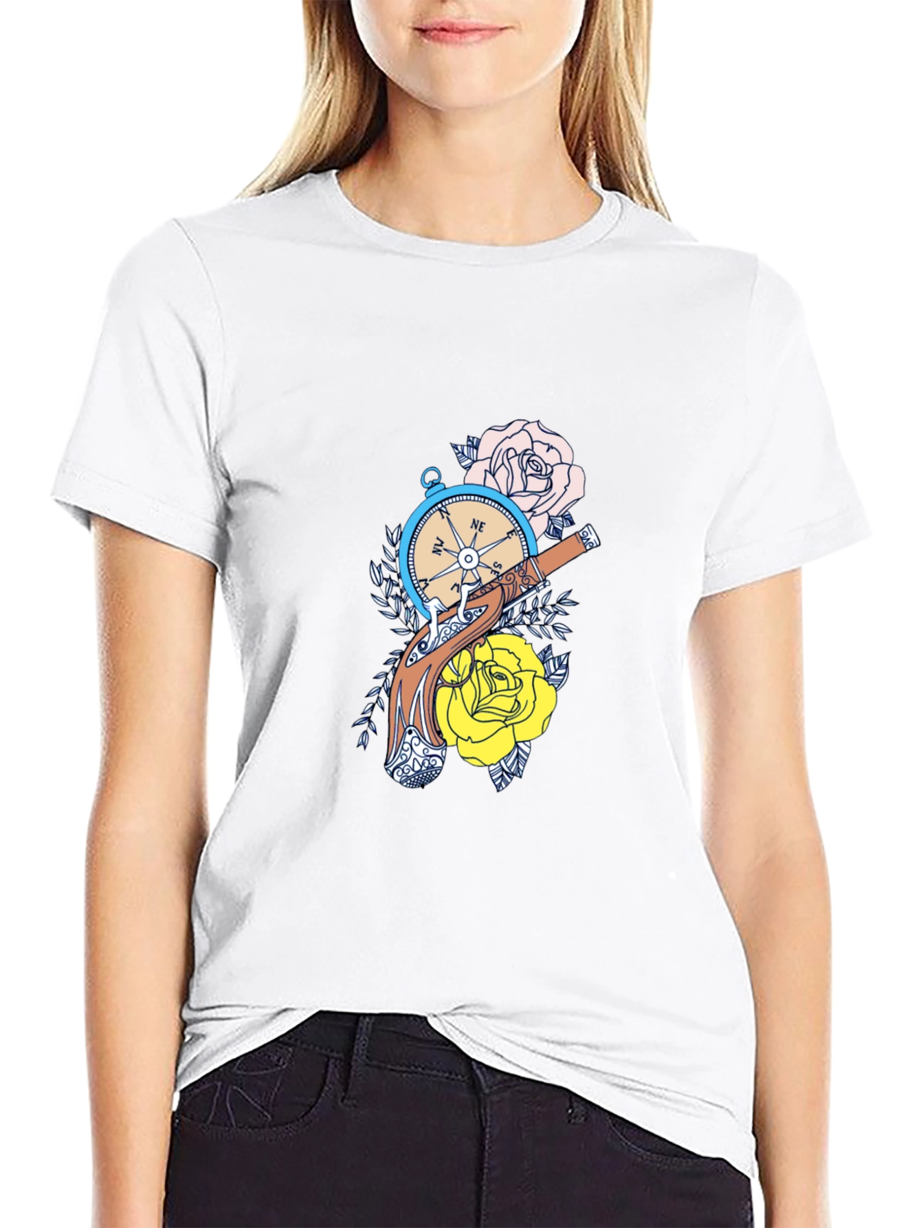 Compass & Roses Graphic Tee - Black Cotton