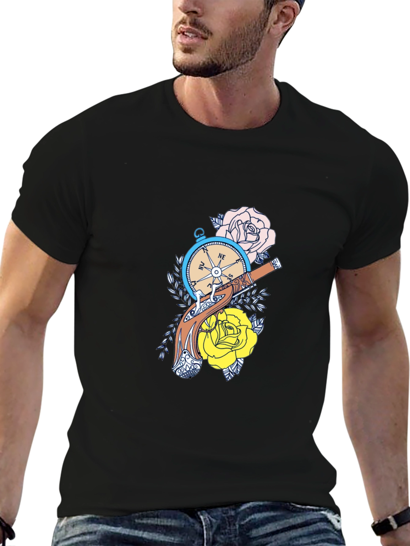 Compass & Roses Graphic Tee - Black Cotton