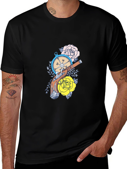 Compass & Roses Graphic Tee - Black Cotton