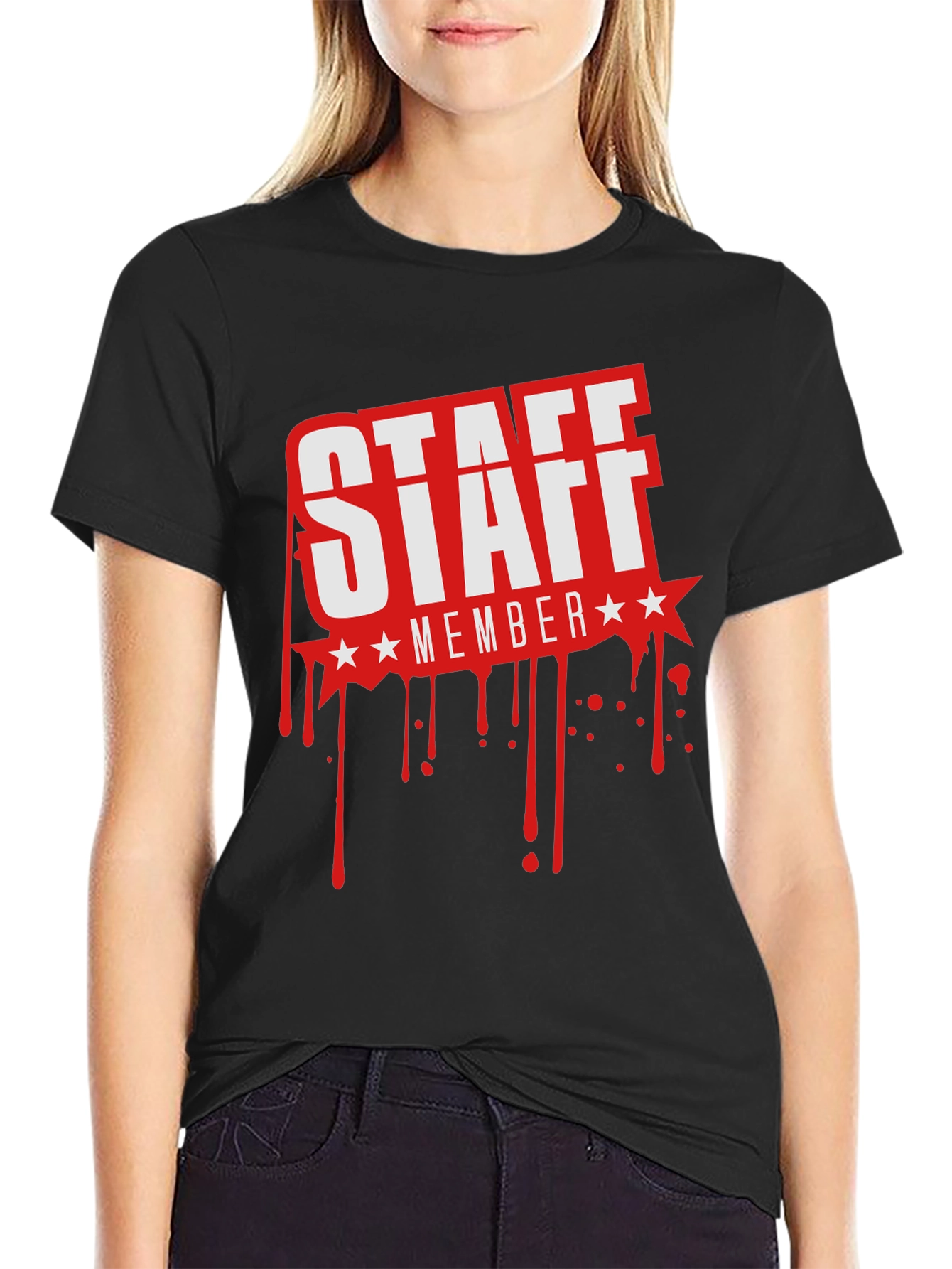 Staff Member Graphic T-Shirt - Black Crew Neck Tee