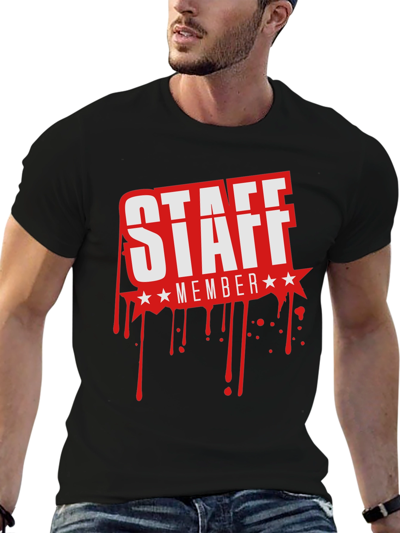 Staff Member Graphic T-Shirt - Black Crew Neck Tee