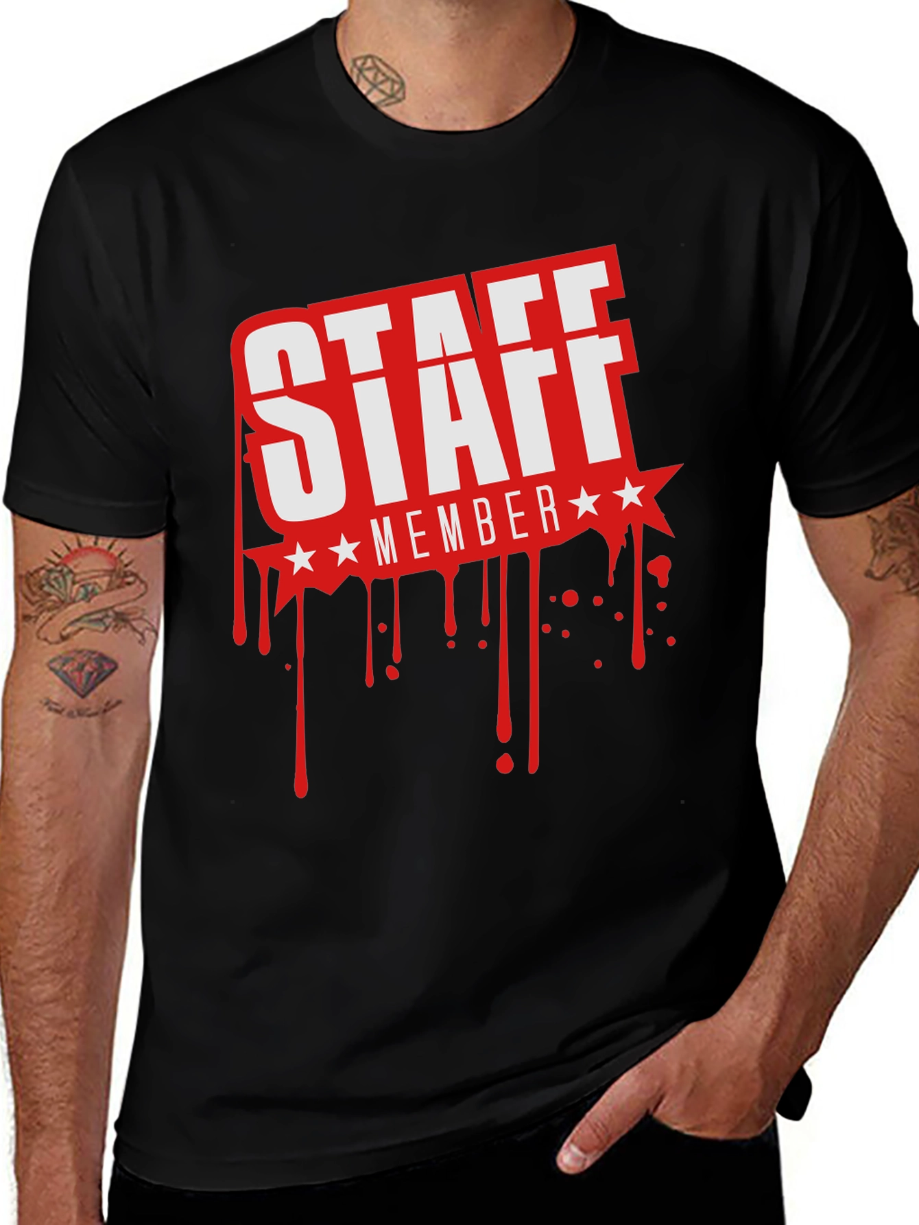 Staff Member Graphic T-Shirt - Black Crew Neck Tee