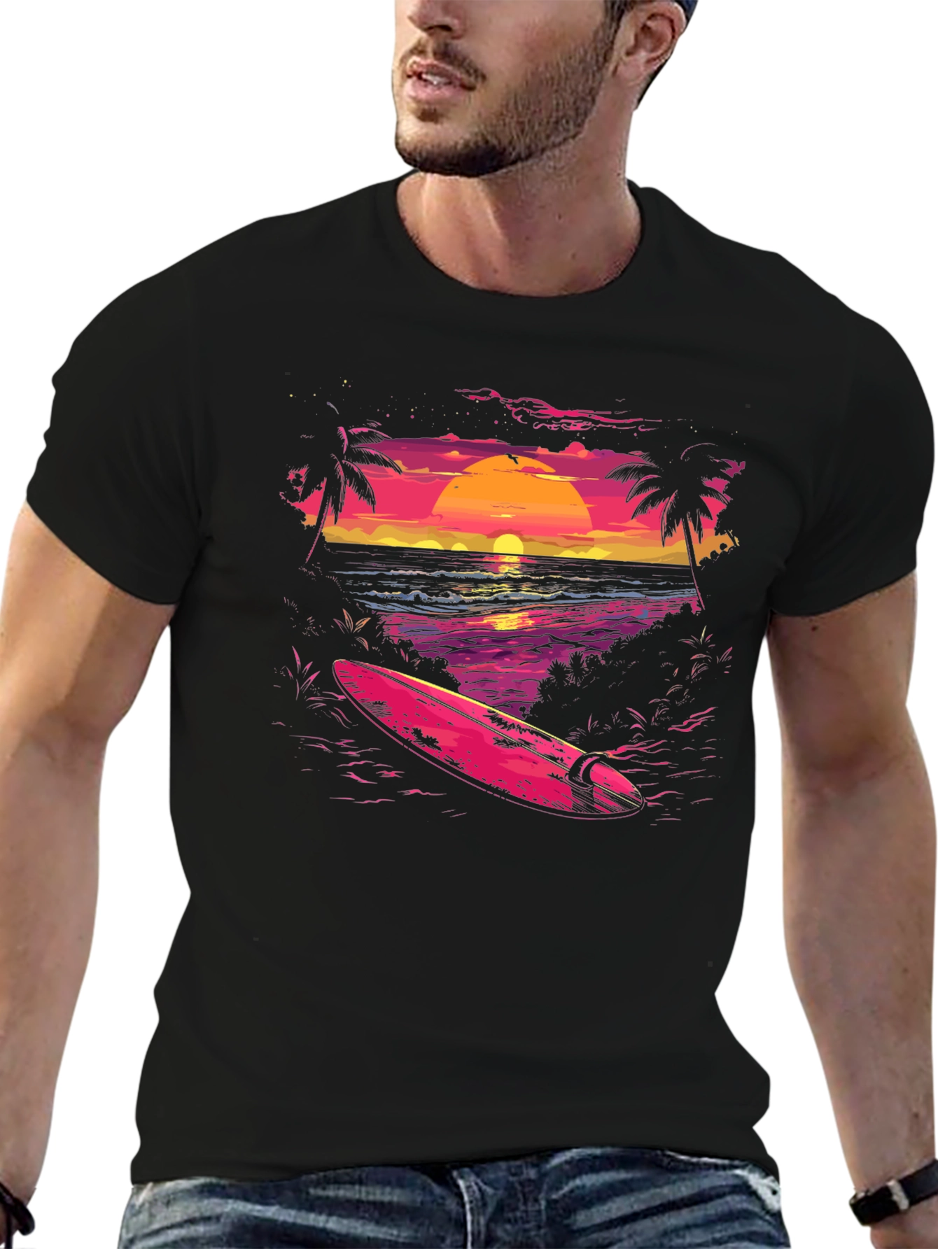 Sunset Beach Surf T-Shirt - Retro Wave Design