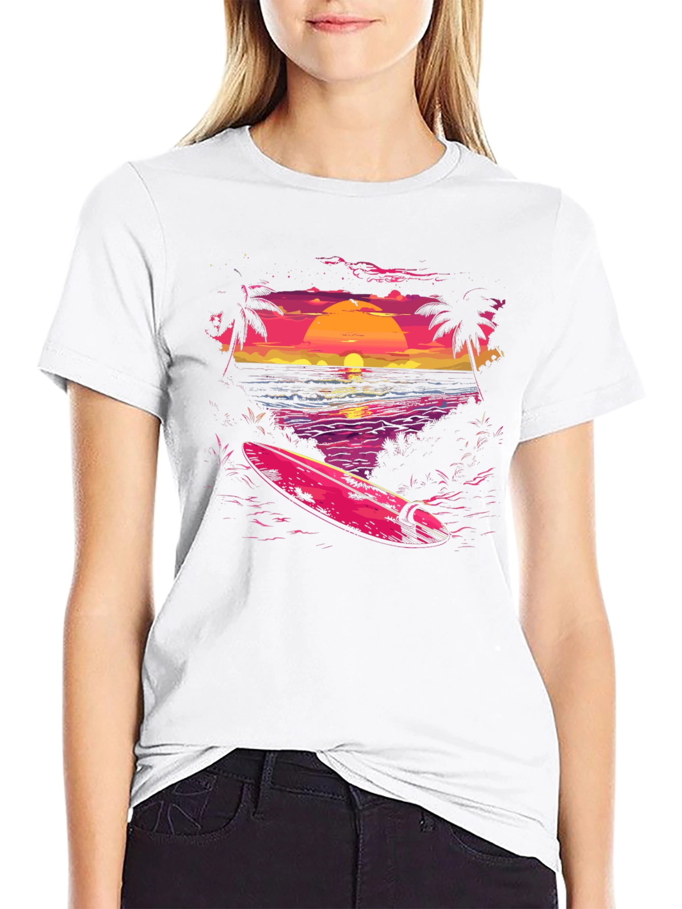 Sunset Beach Surf T-Shirt - Retro Wave Design