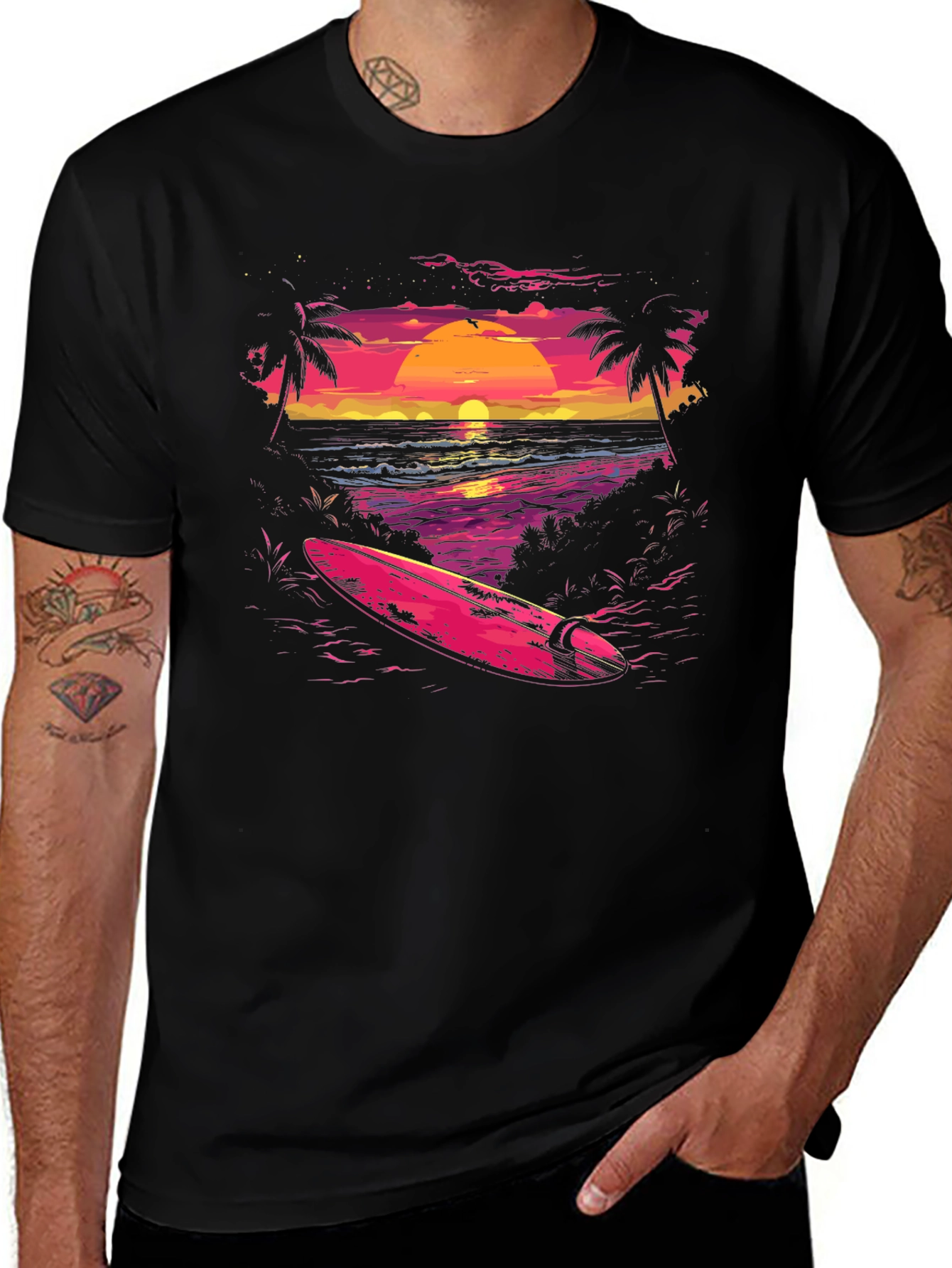 Sunset Beach Surf T-Shirt - Retro Wave Design
