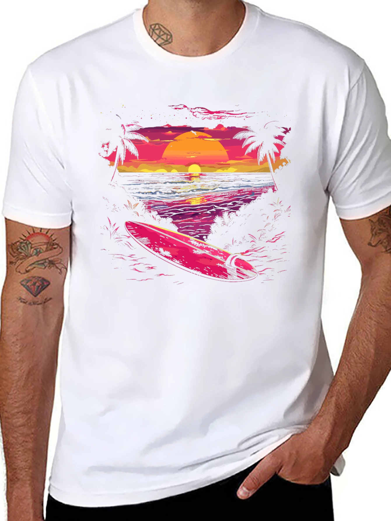 Sunset Beach Surf T-Shirt - Retro Wave Design
