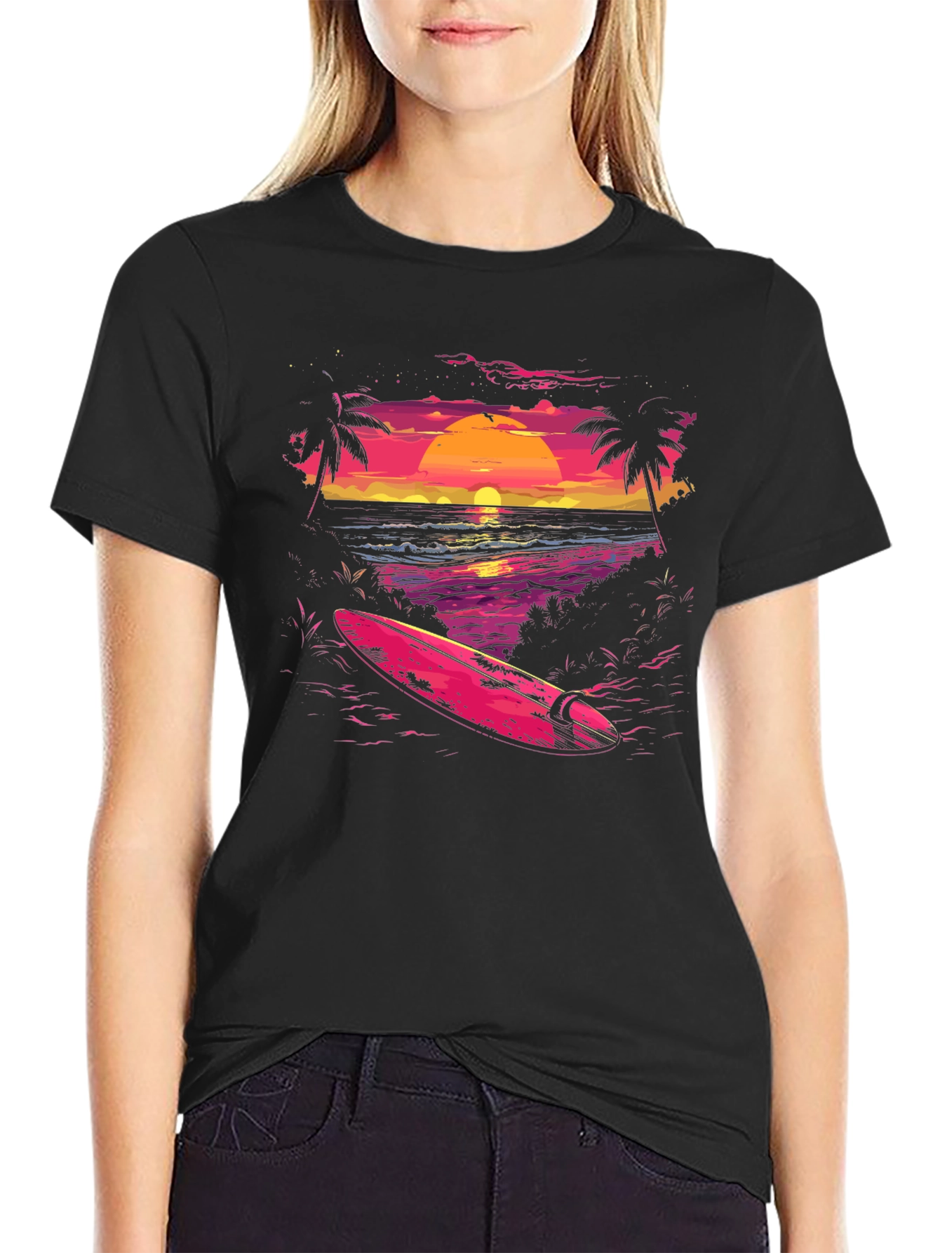 Sunset Beach Surf T-Shirt - Retro Wave Design
