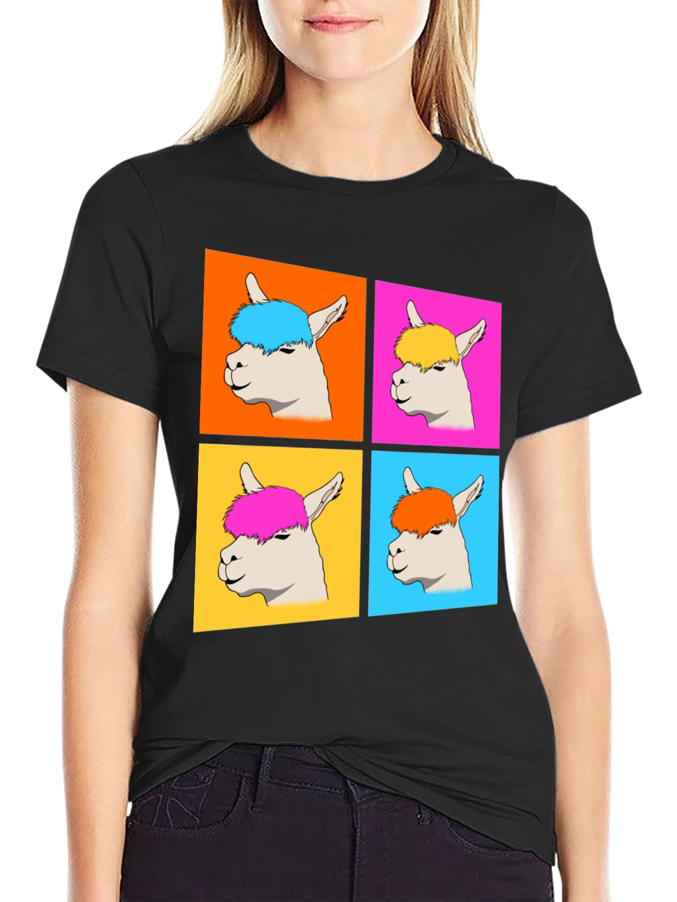 Pop Art Llama Graphic Tee - Quirky Black T-Shirt