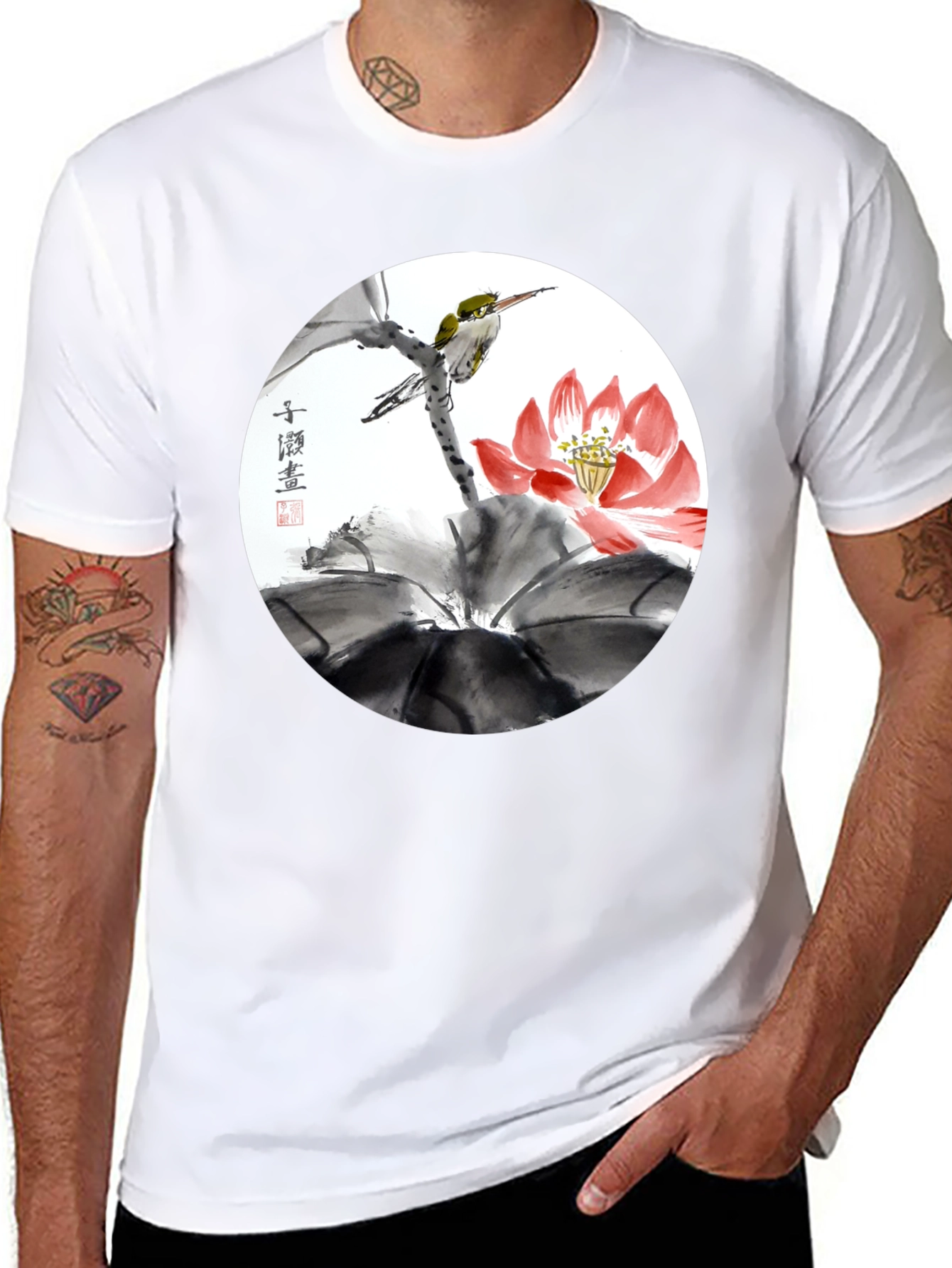 Artistic Bird & Lotus T-Shirt