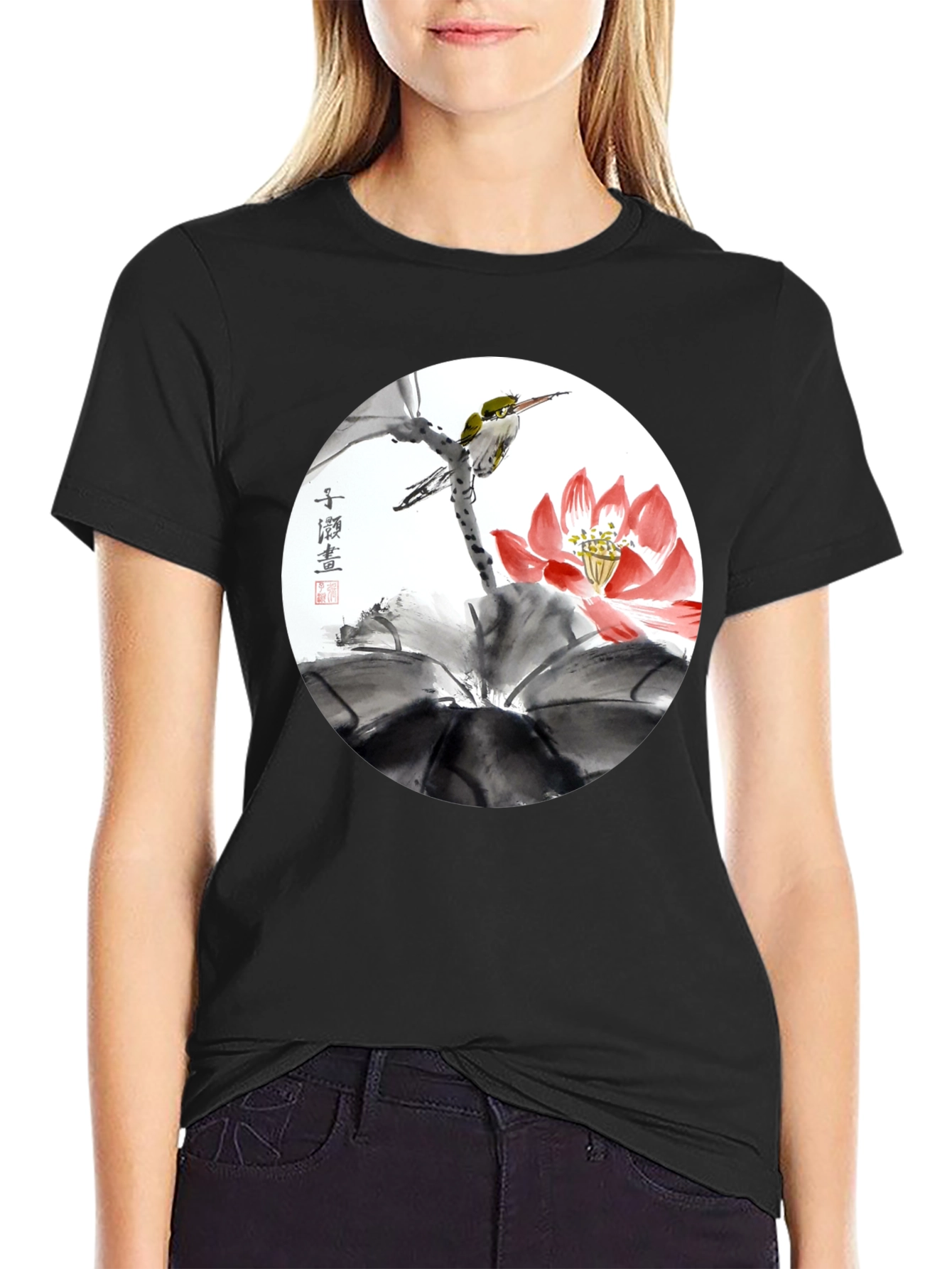 Artistic Bird & Lotus T-Shirt