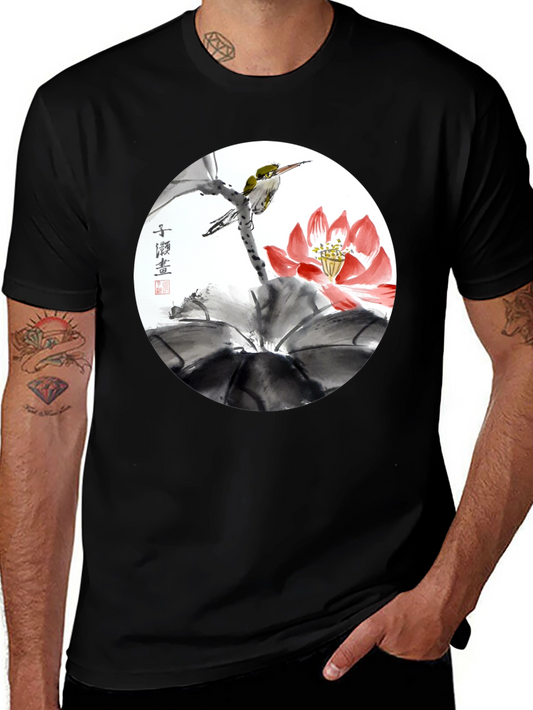 Artistic Bird & Lotus T-Shirt