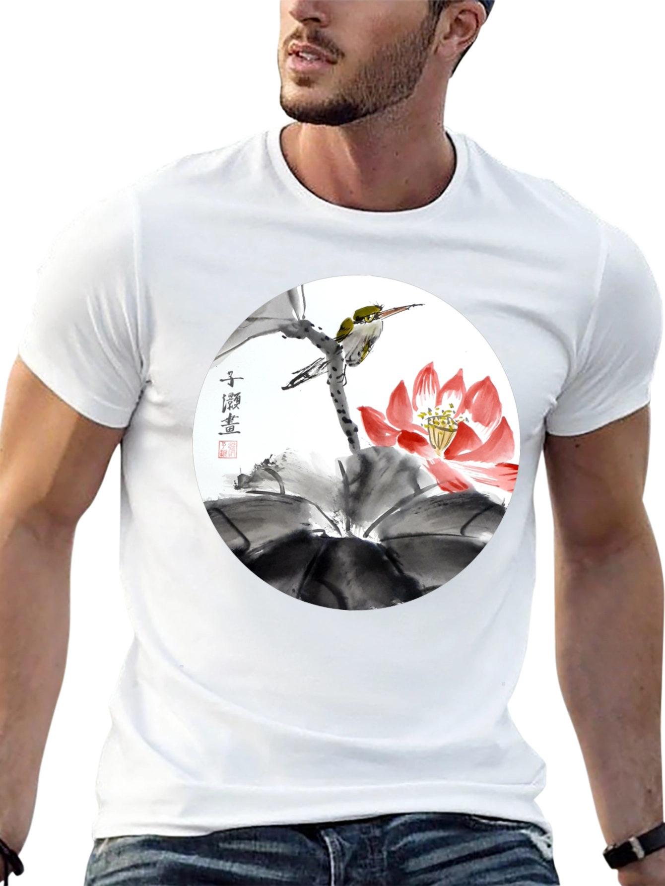 Artistic Bird & Lotus T-Shirt