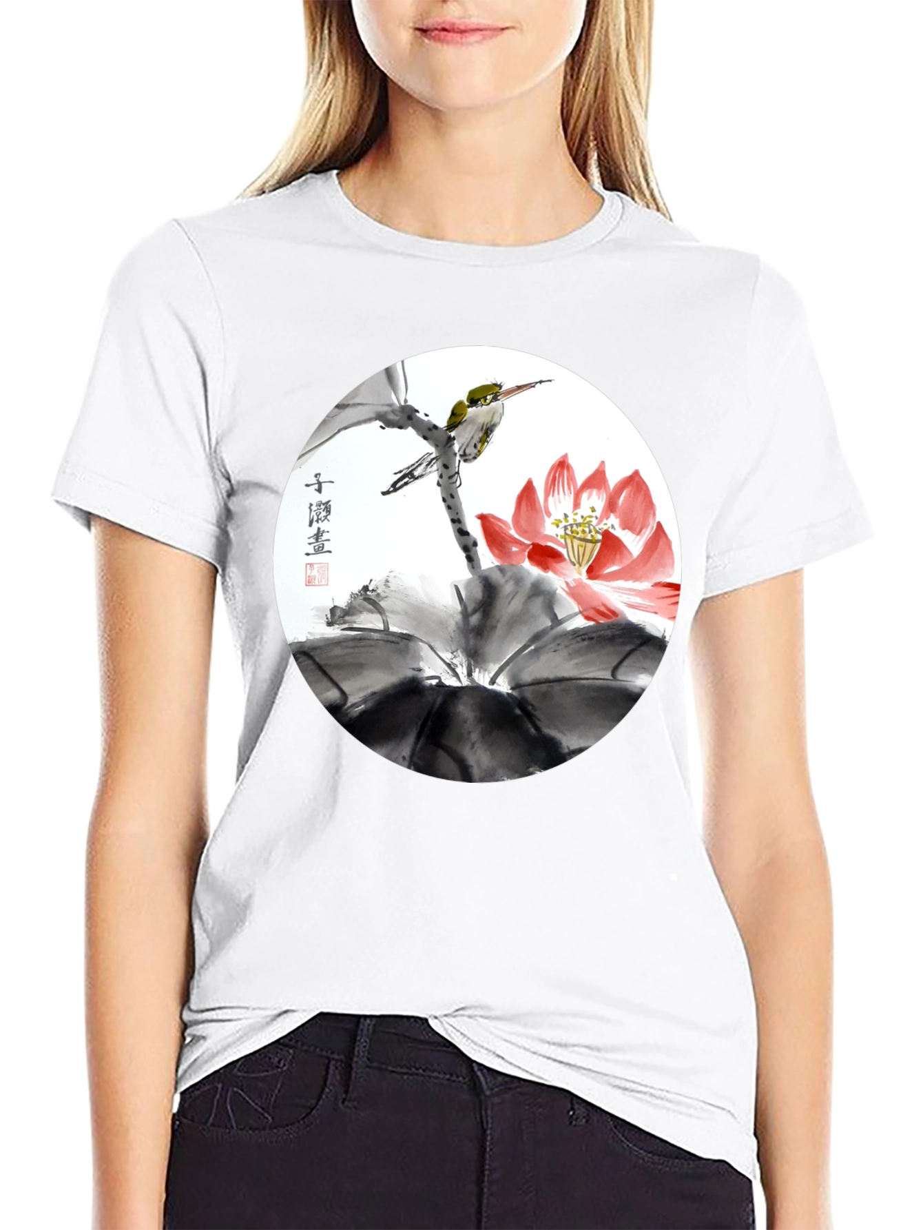 Artistic Bird & Lotus T-Shirt