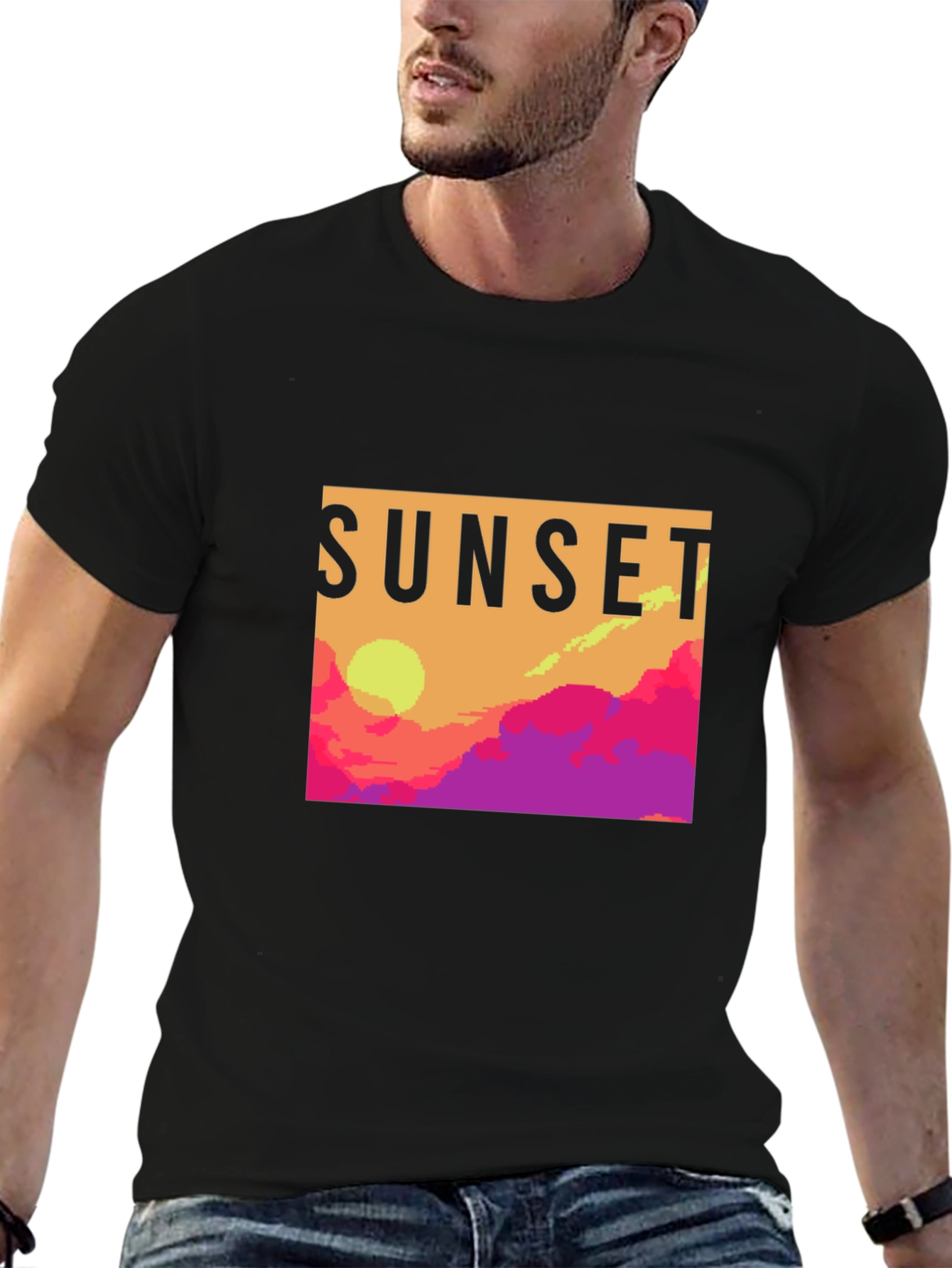 Sunset Graphic Tee - Retro Pixel Art T-Shirt