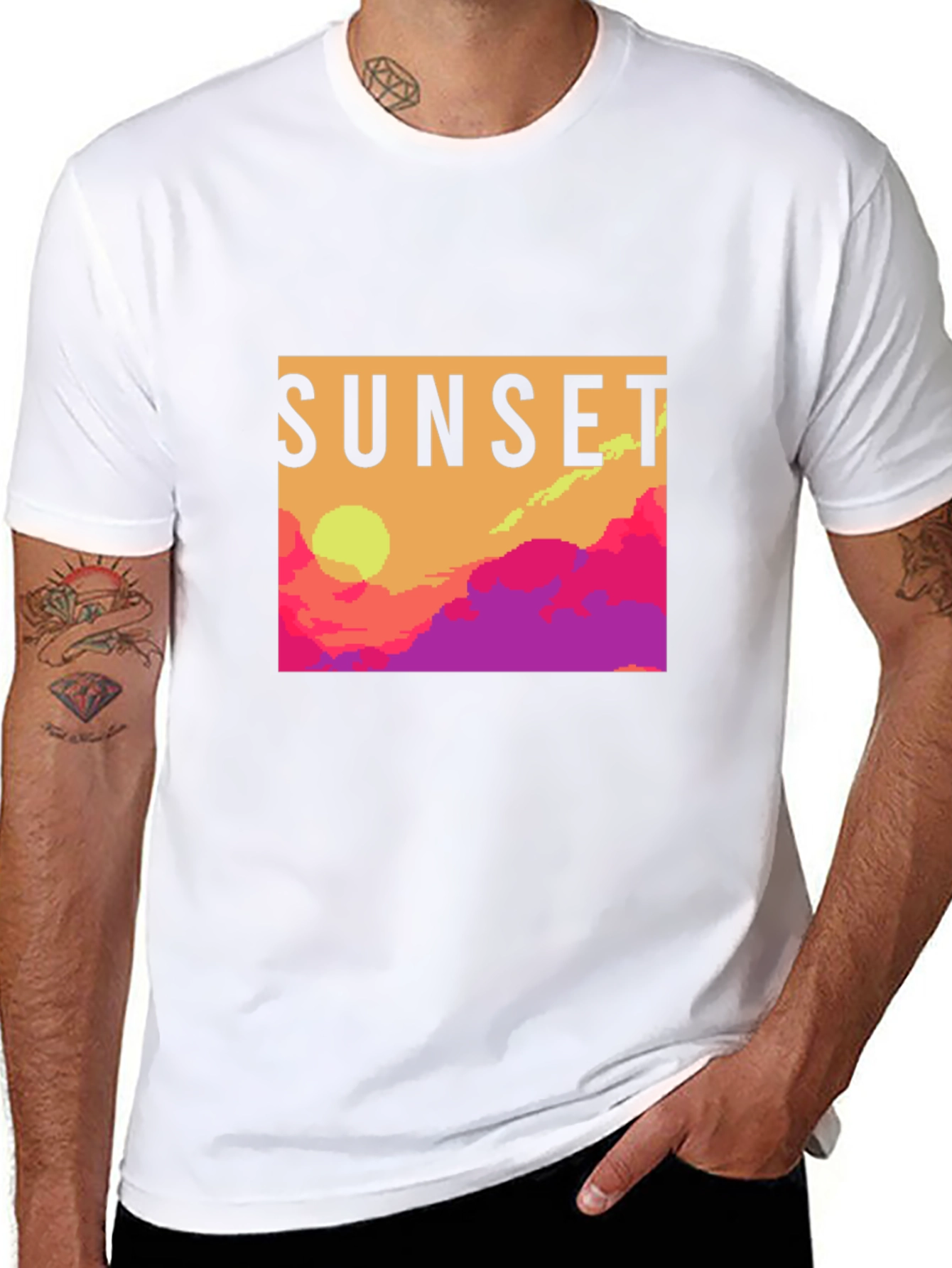 Sunset Graphic Tee - Retro Pixel Art T-Shirt