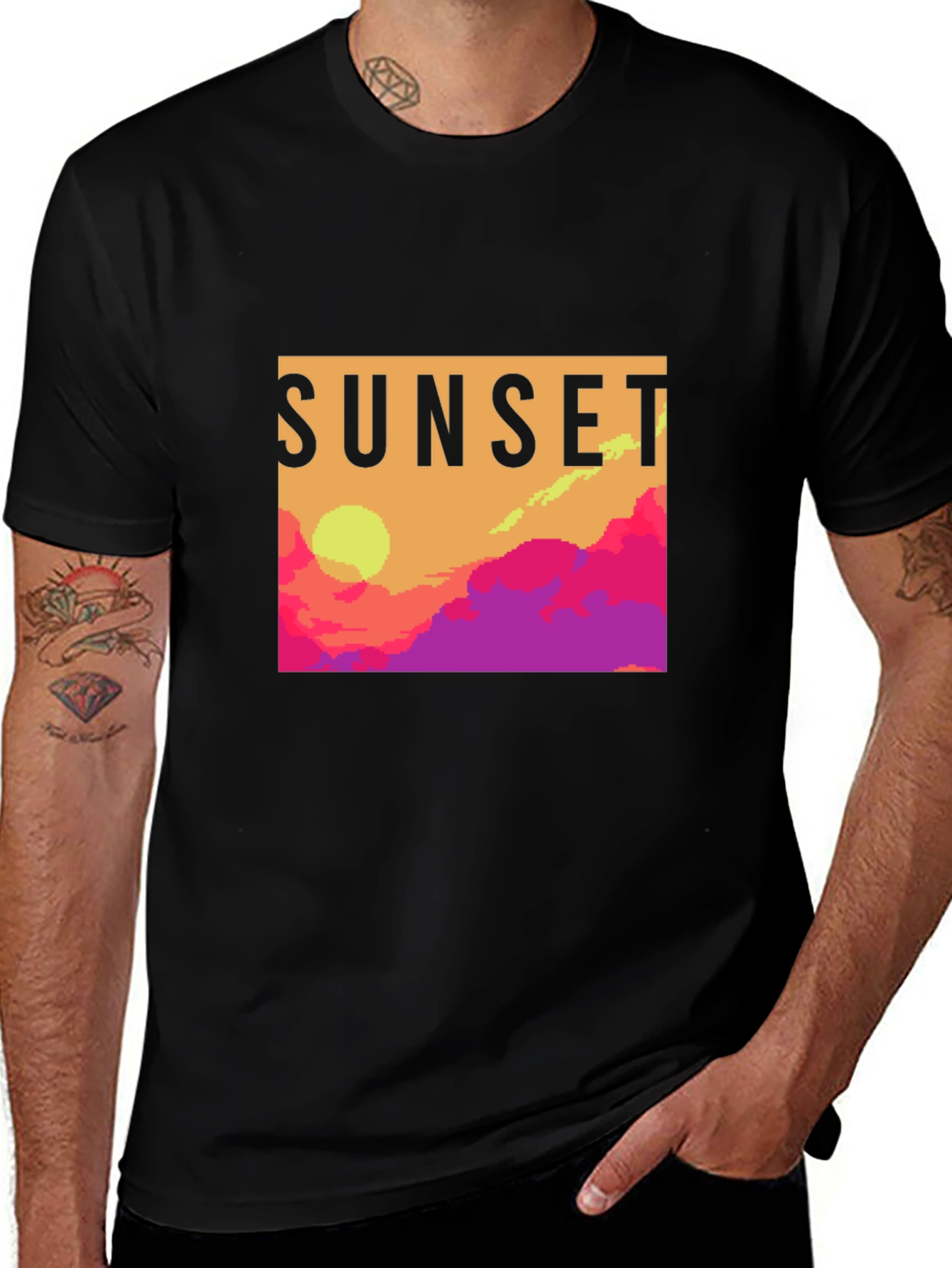 Sunset Graphic Tee - Retro Pixel Art T-Shirt