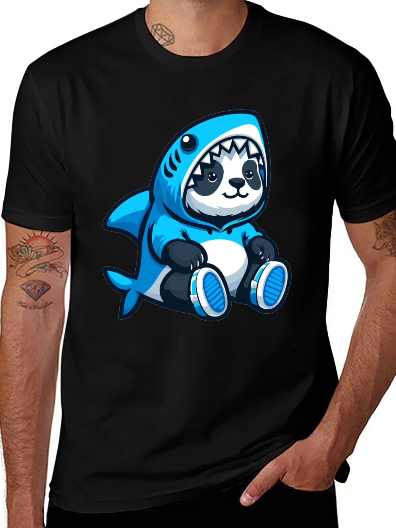 Panda Shark Hoodie Graphic Tee - Black