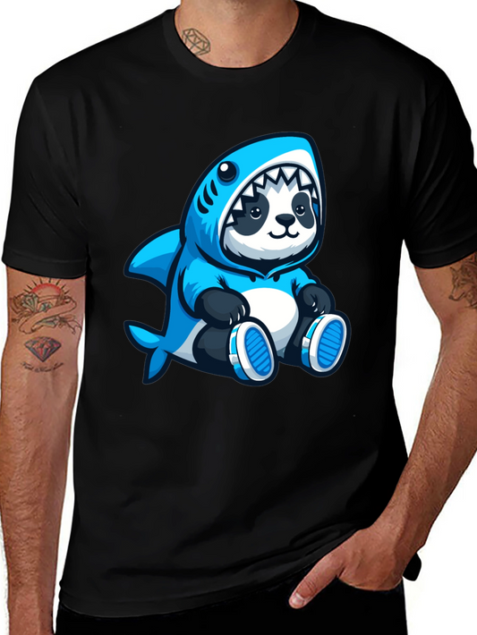 Panda Shark Hoodie Graphic Tee - Black