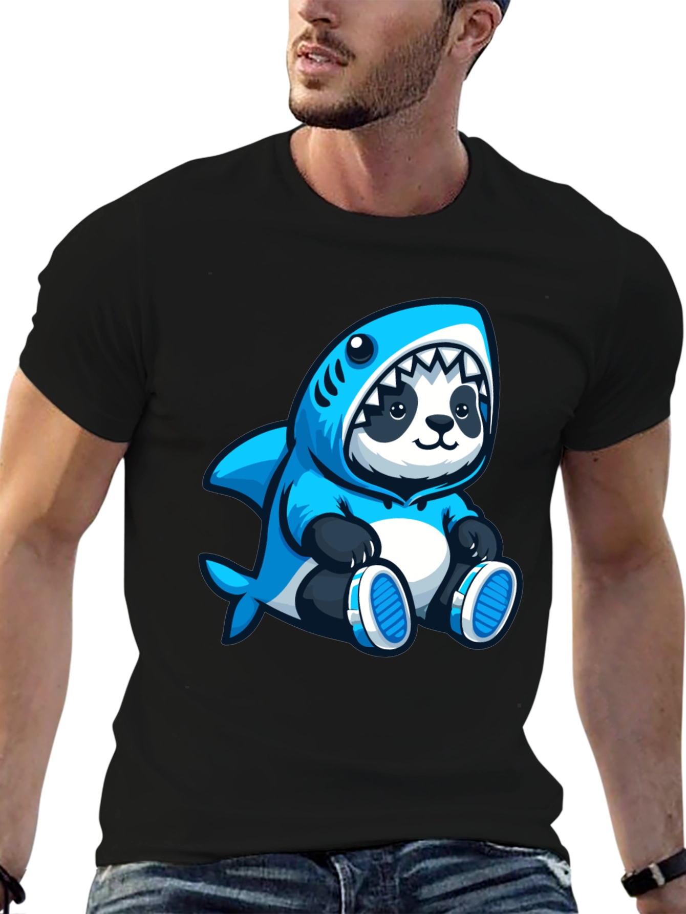 Panda Shark Hoodie Graphic Tee - Black