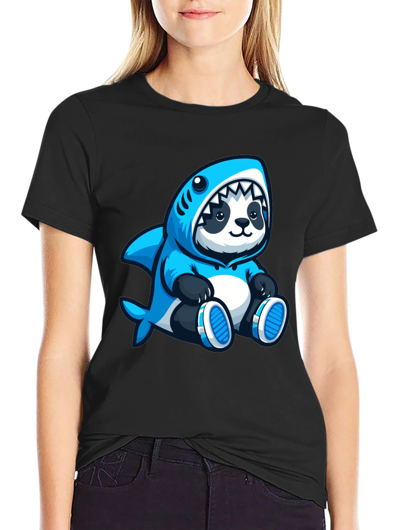 Panda Shark Hoodie Graphic Tee - Black