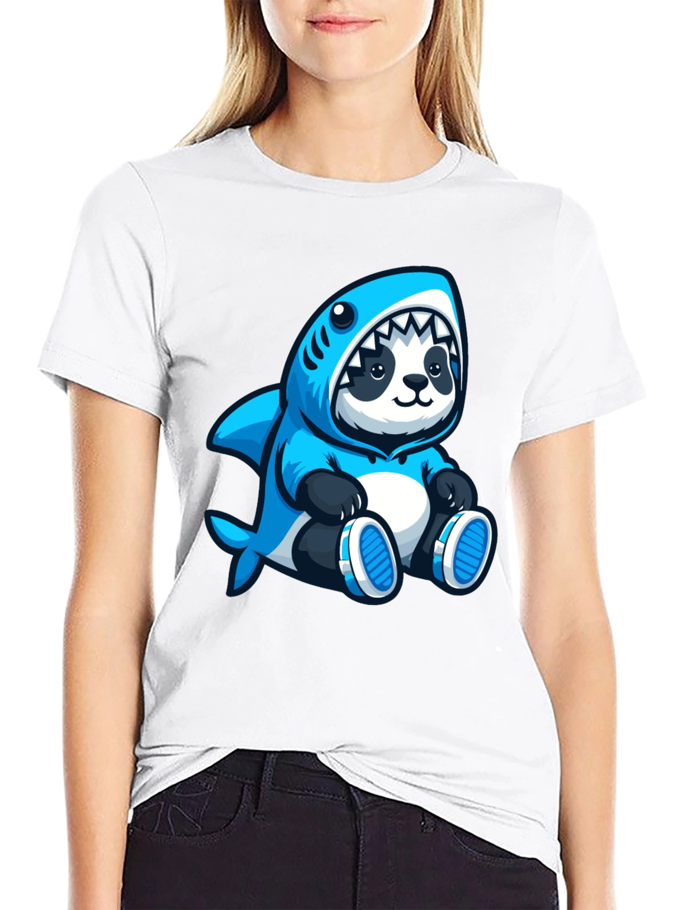 Panda Shark Hoodie Graphic Tee - Black