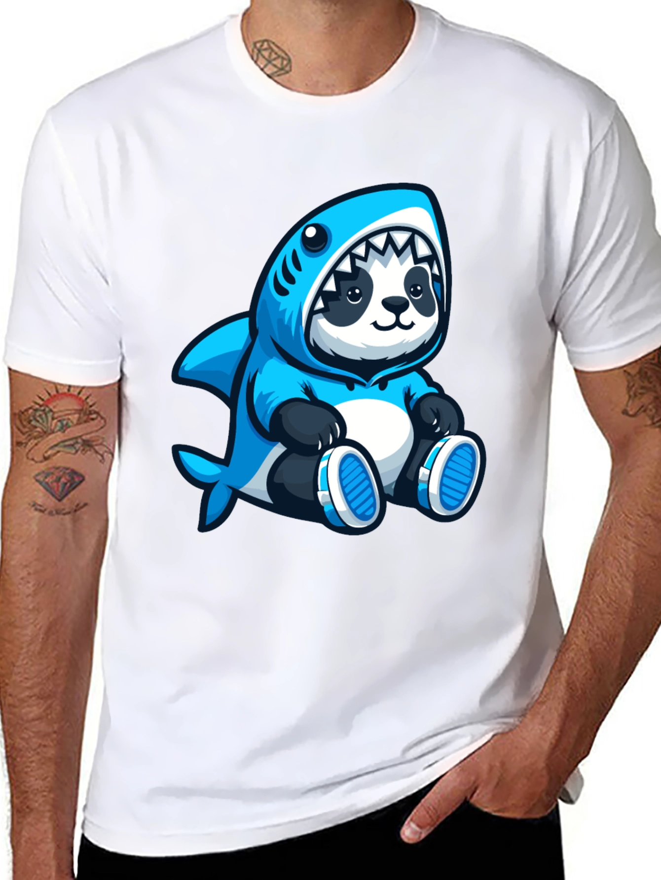 Panda Shark Hoodie Graphic Tee - Black