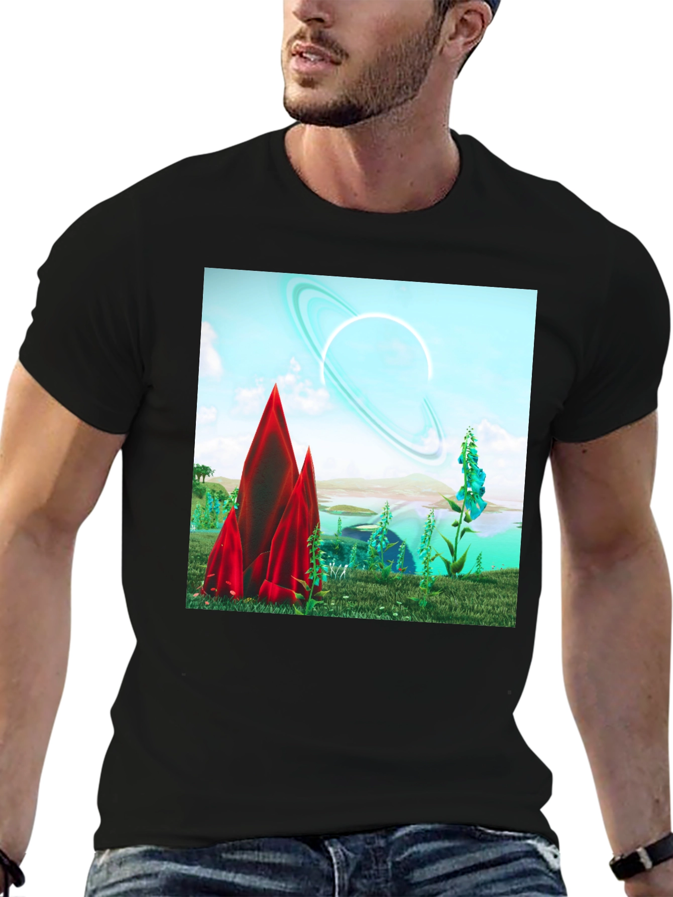 Sci-Fi Landscape Graphic Tee - Black Cotton T-Shirt