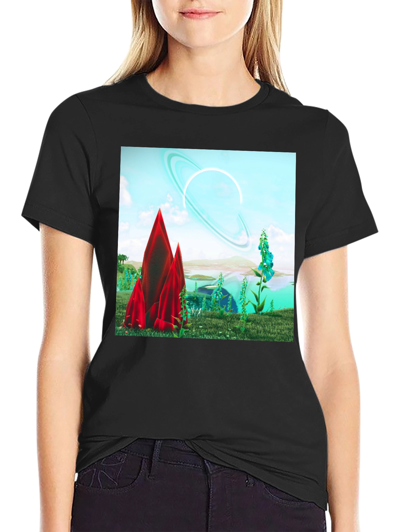 Sci-Fi Landscape Graphic Tee - Black Cotton T-Shirt