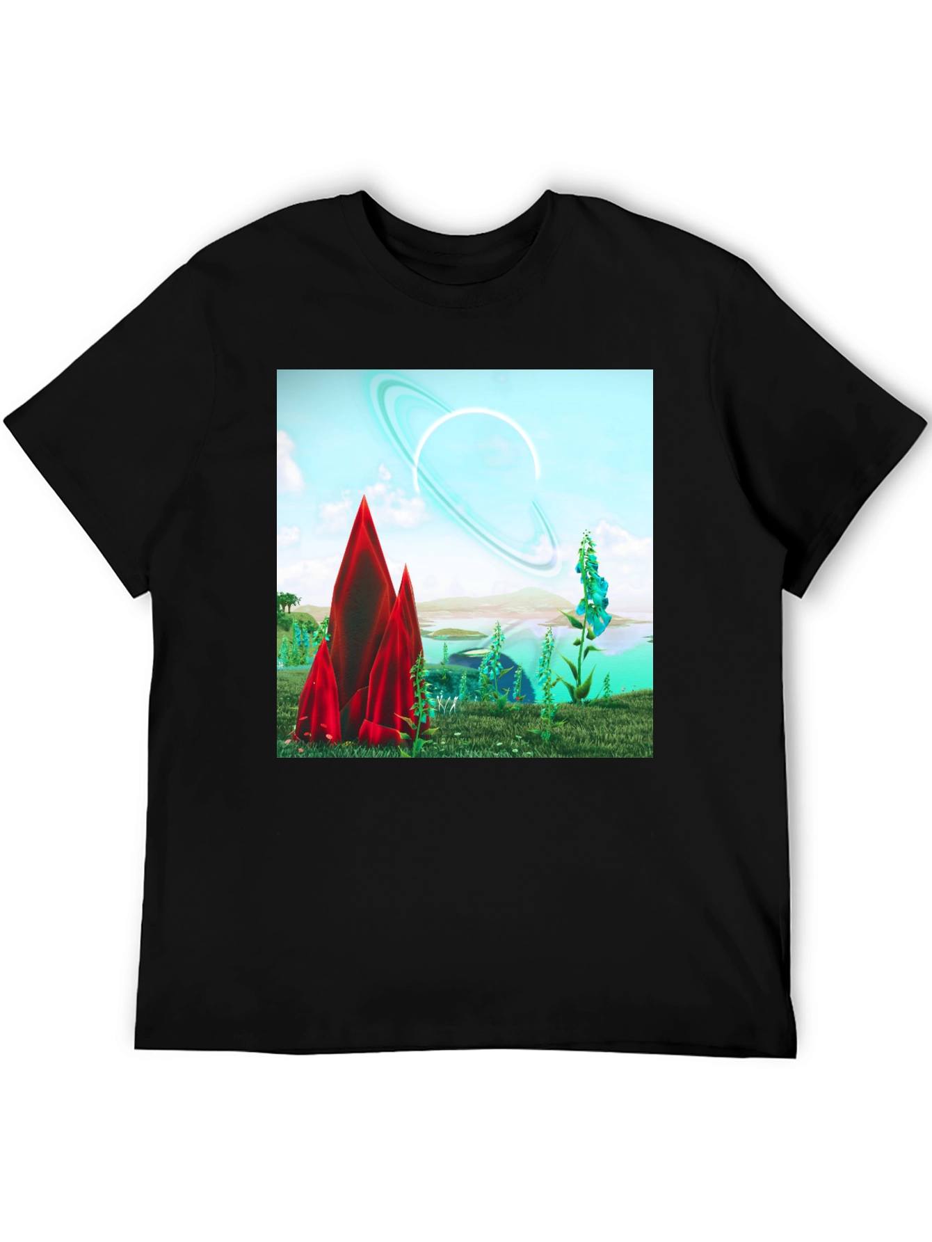 Sci-Fi Landscape Graphic Tee - Black Cotton T-Shirt
