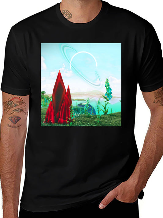Sci-Fi Landscape Graphic Tee - Black Cotton T-Shirt