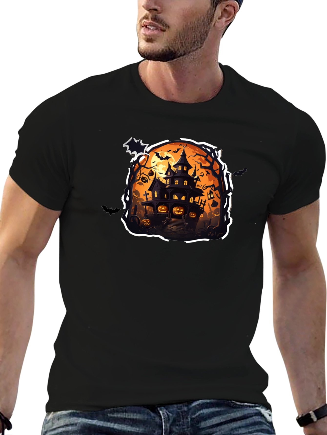 Spooky Halloween House Graphic Tee - Black