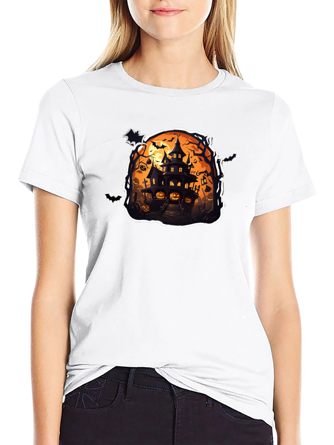 Spooky Halloween House Graphic Tee - Black