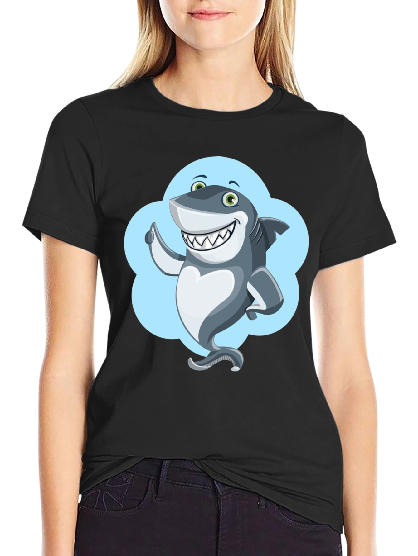 Shark Cartoon Graphic Black T-Shirt