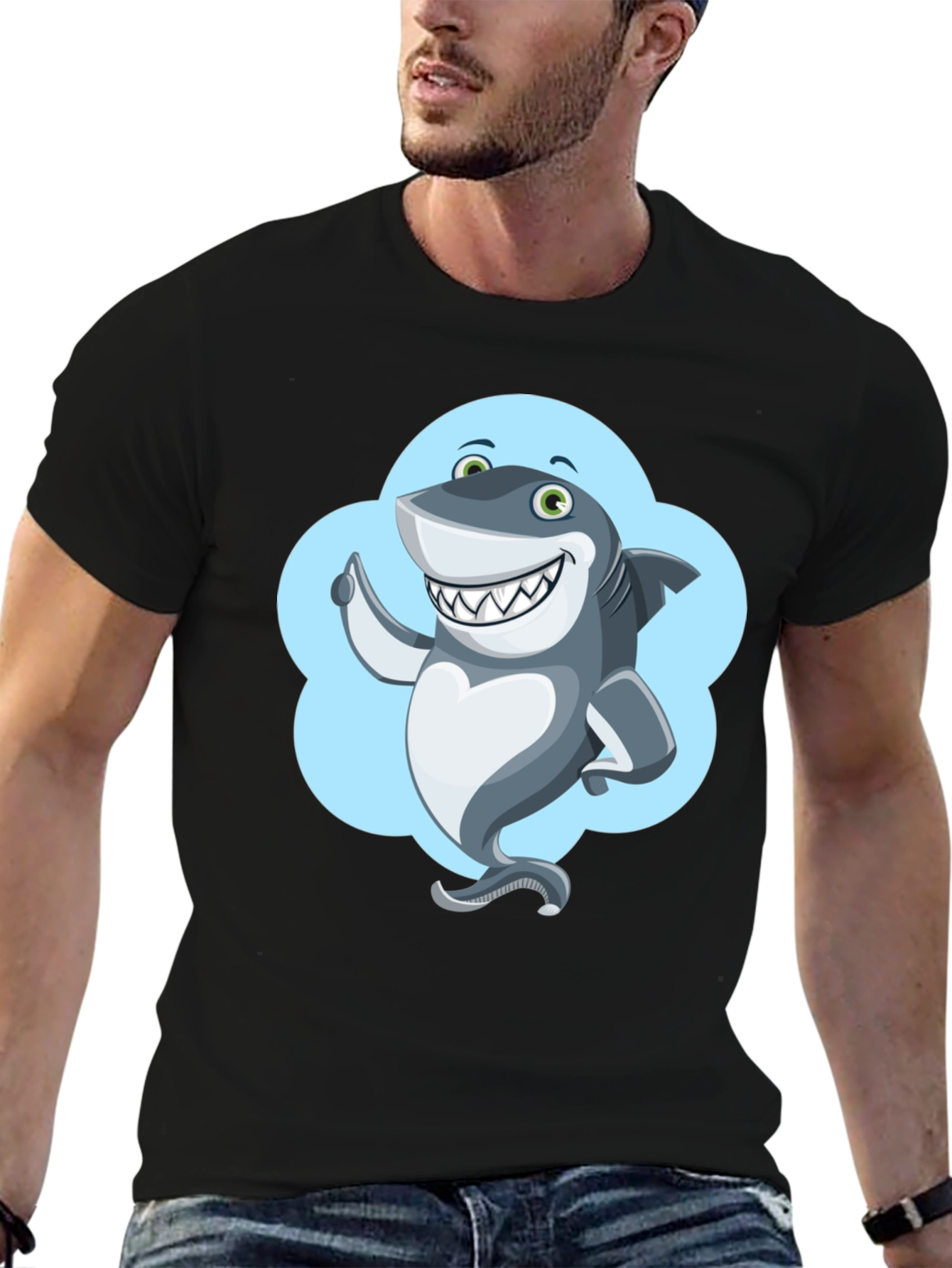 Shark Cartoon Graphic Black T-Shirt