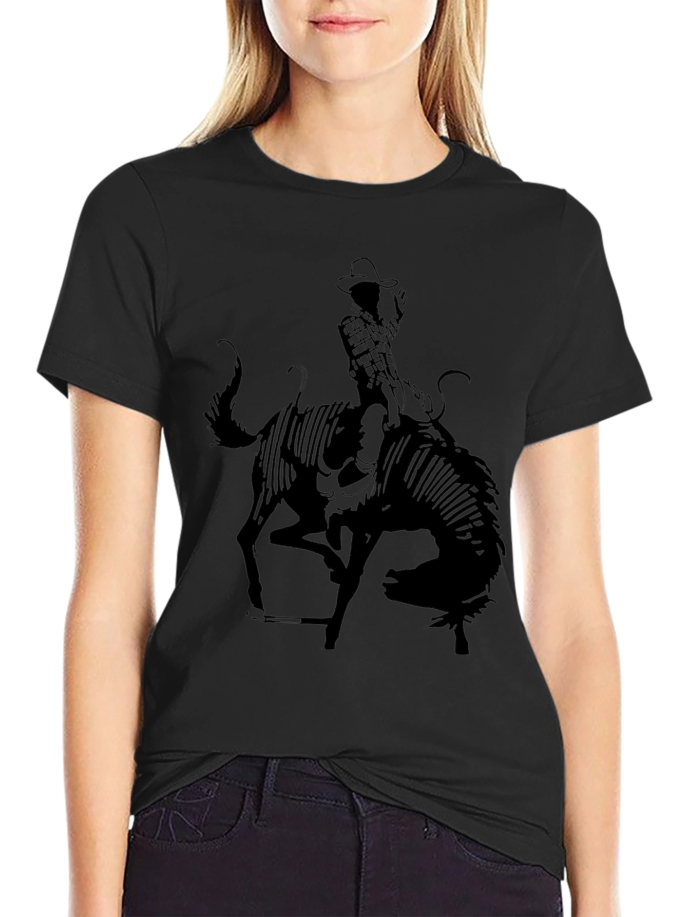 Cowboy Riding Bull Black T-Shirt Rodeo Style