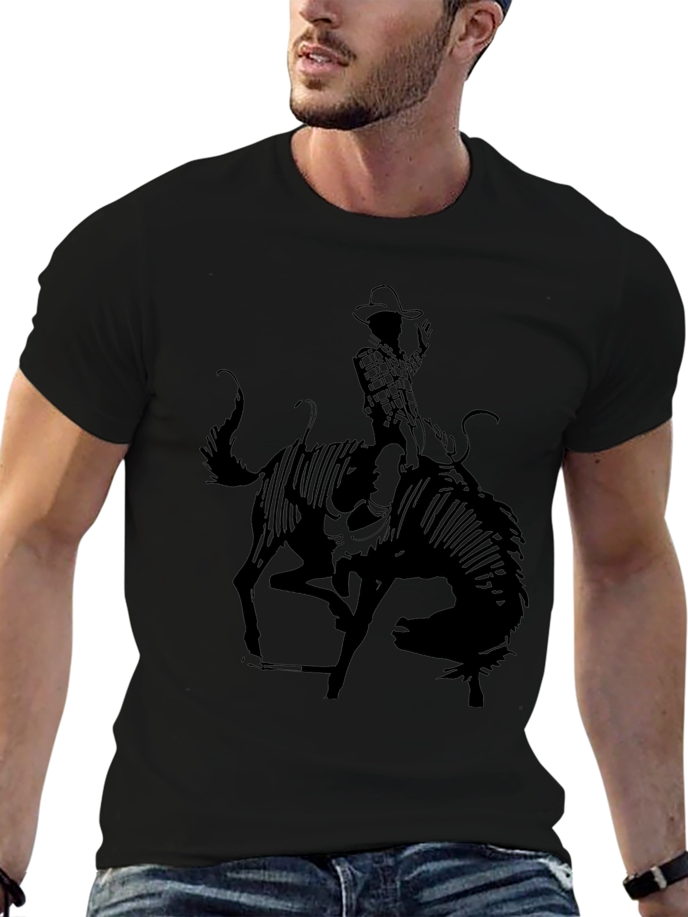 Cowboy Riding Bull Black T-Shirt Rodeo Style