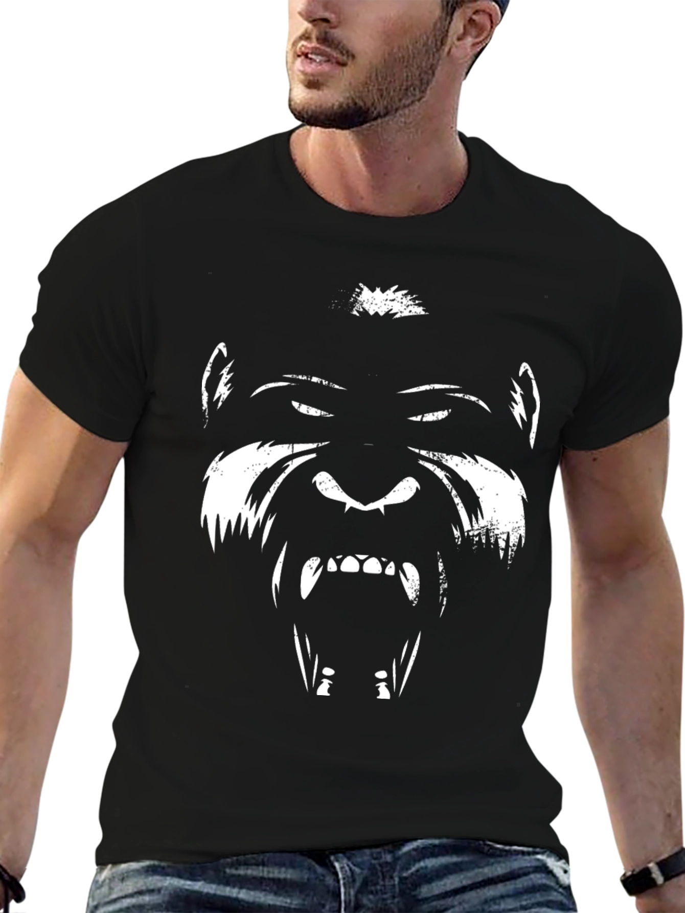Black Graphic Tee: Fierce Gorilla Face Design