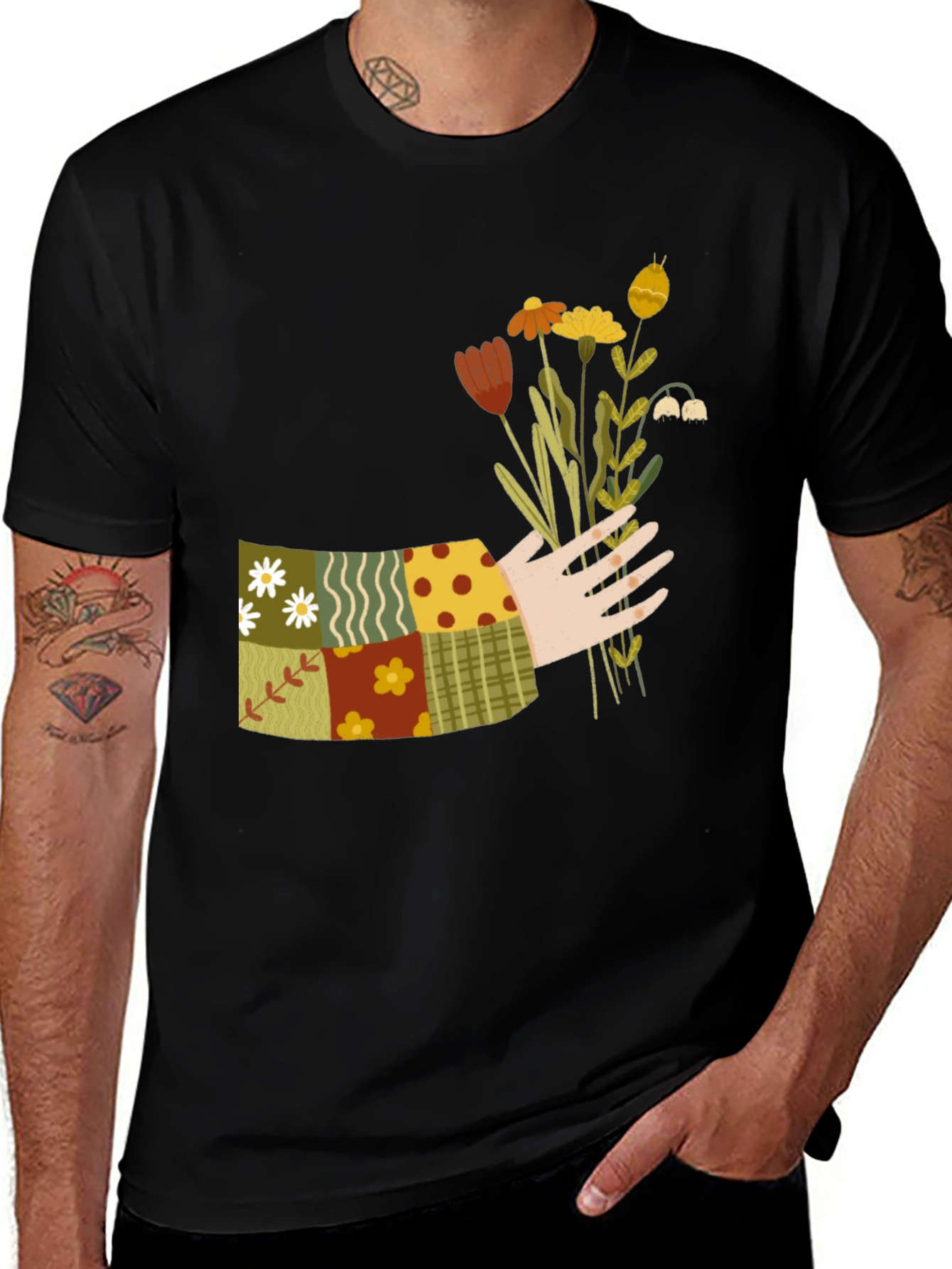 Floral Patchwork Graphic Tee - Black