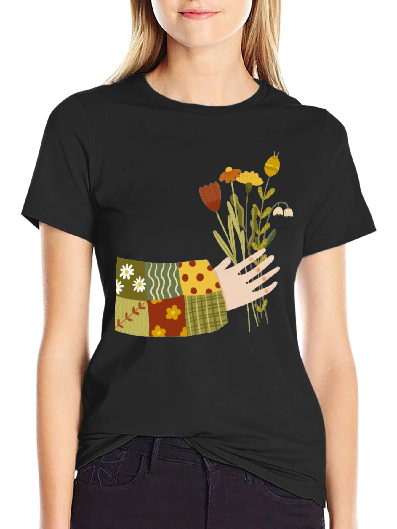 Floral Patchwork Graphic Tee - Black