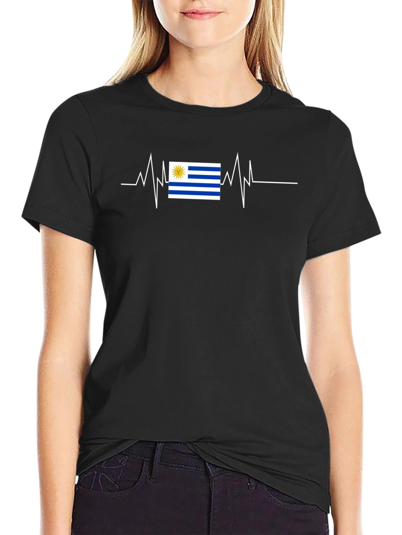 Uruguay Flag Heartbeat T-Shirt - Black