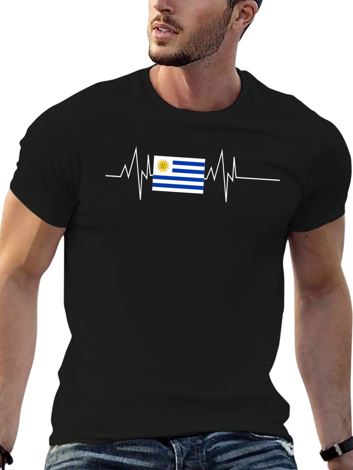 Uruguay Flag Heartbeat T-Shirt - Black