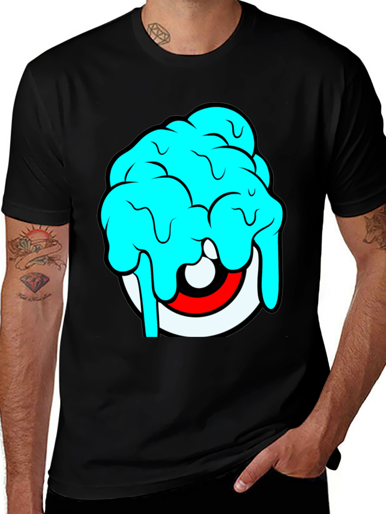 Cartoon Eye Brain Freeze Graphic T-Shirt - Black
