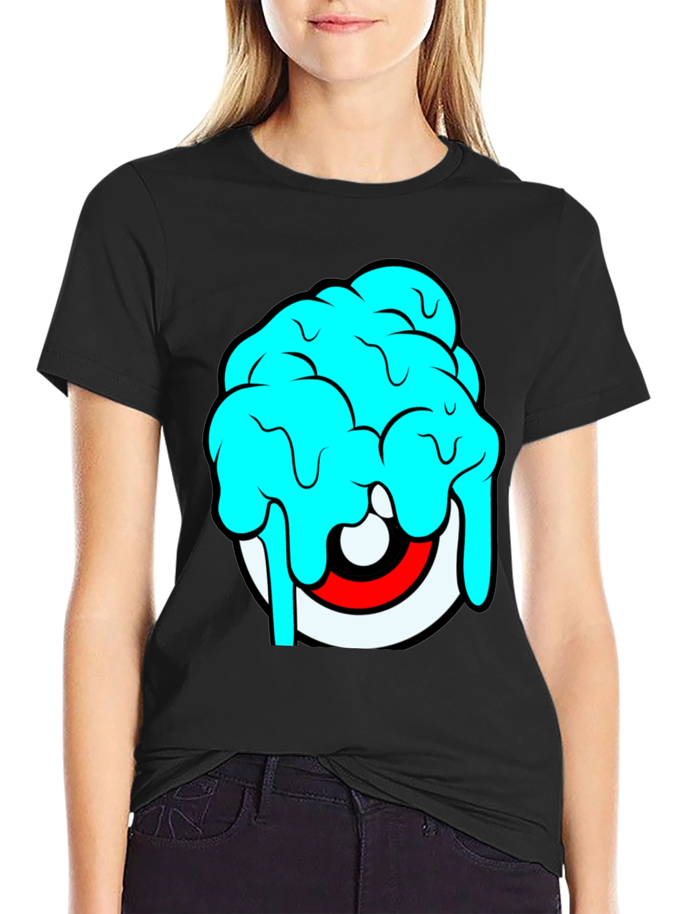 Cartoon Eye Brain Freeze Graphic T-Shirt - Black