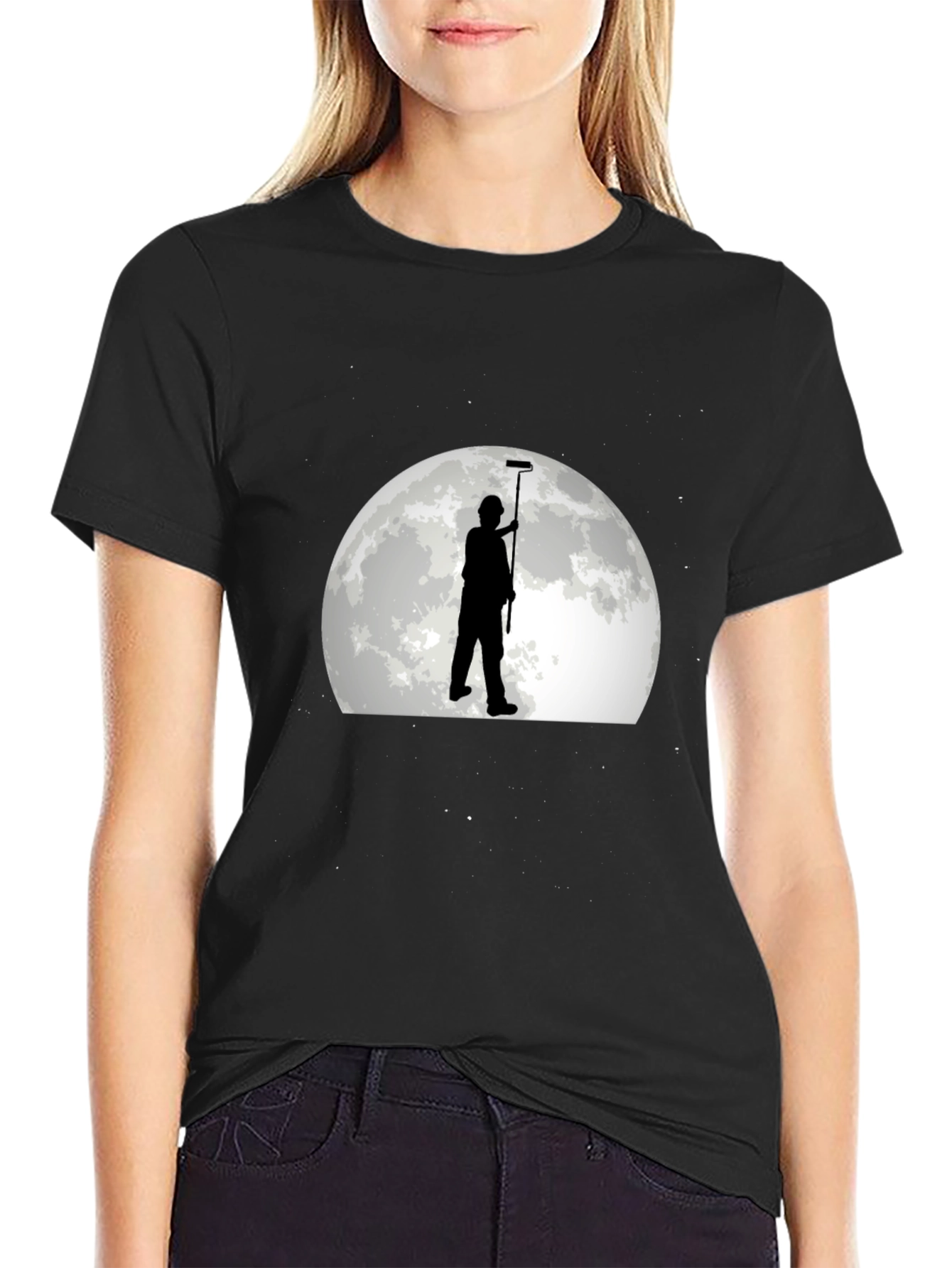 Painter on Moon Graphic Tee - Black Cotton T-Shirt
