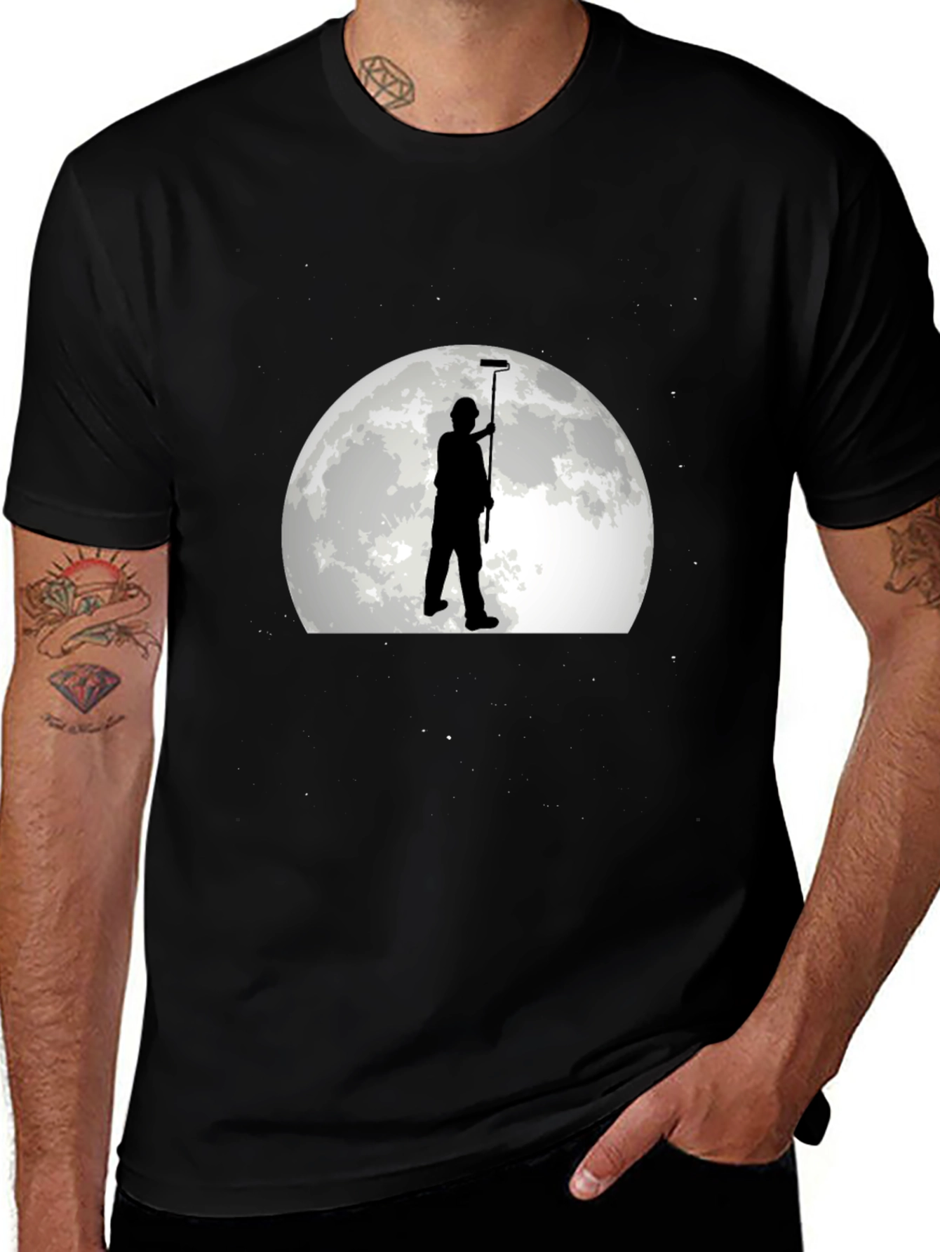 Painter on Moon Graphic Tee - Black Cotton T-Shirt
