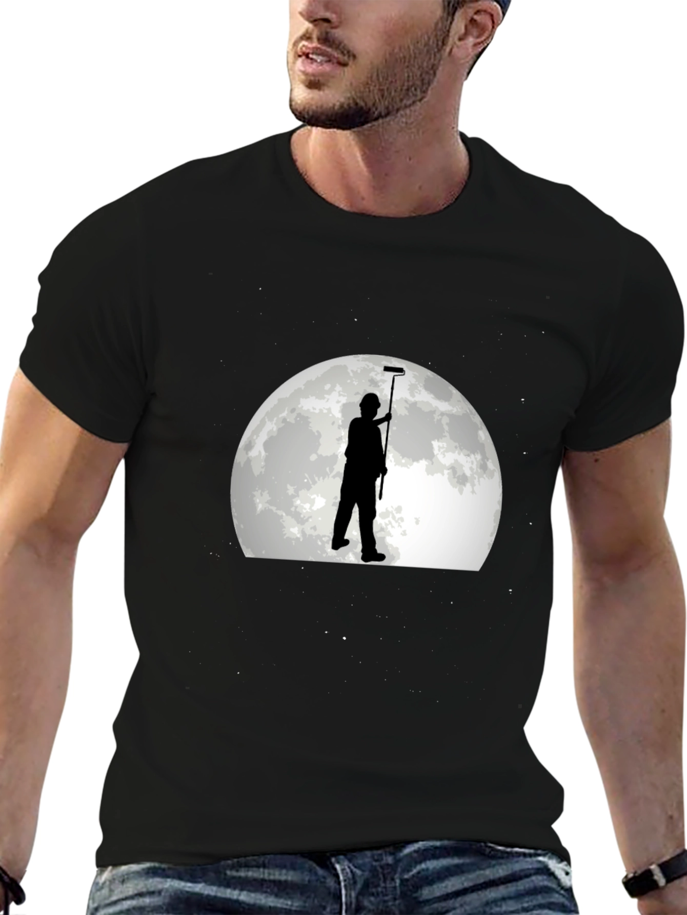 Painter on Moon Graphic Tee - Black Cotton T-Shirt