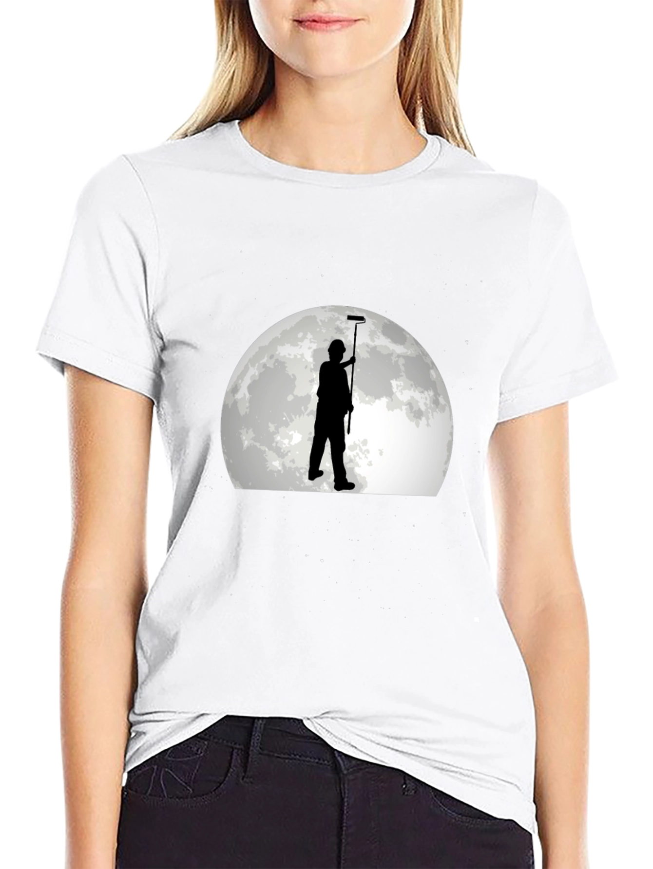Painter on Moon Graphic Tee - Black Cotton T-Shirt