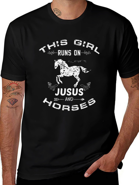 This Girl Runs on Jesus and Horses Black T-Shirt