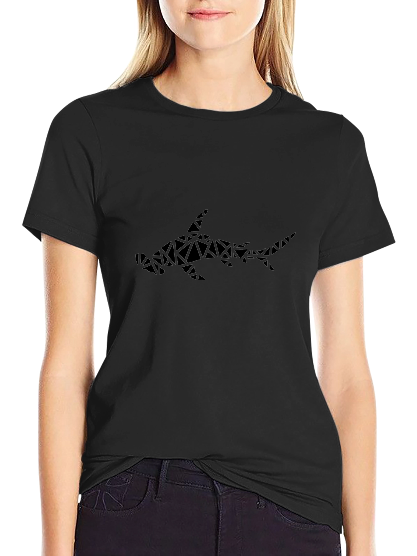 Geometric Hammerhead Shark Graphic Tee - Black Cotton